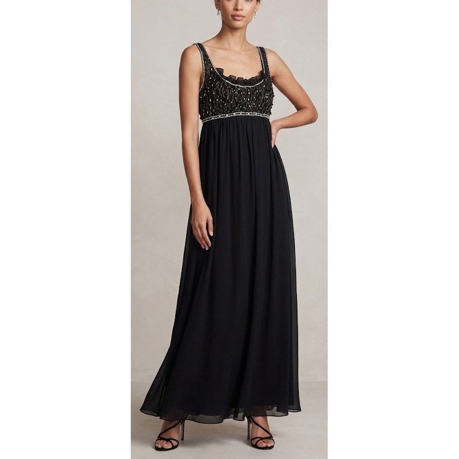 Marchesa Notte Silk Dress Black Embellished Beaded Empire Waist Size 10 Gown